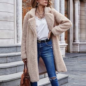 Soft fluffy teddy jacket faux fur trench pea coat